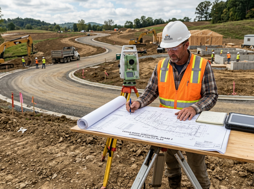 A surveyor reviewing engineering drawings on-site