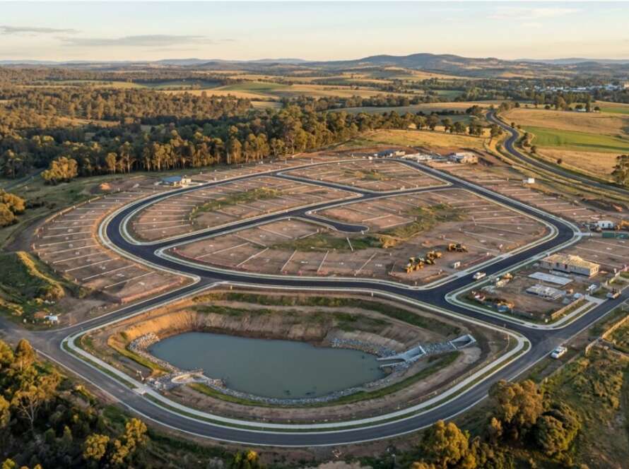 Aerial view of a manufactured home estate under construction in NSW showing completed internal roads, kerbed loop layout and a stormwater detention basin awaiting certification