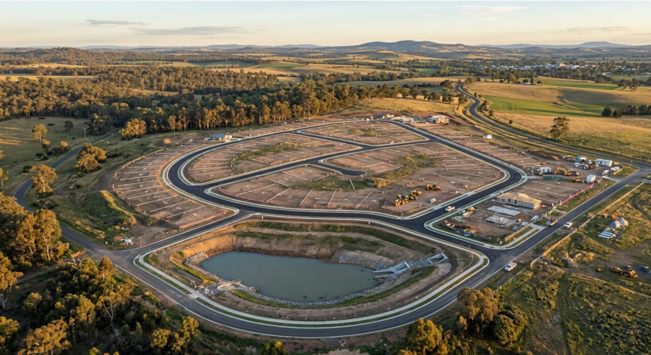 Aerial view of a manufactured home estate under construction in NSW showing completed internal roads, kerbed loop layout and a stormwater detention basin awaiting certification