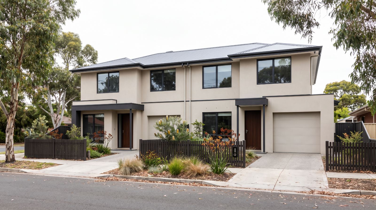 A modern two-storey Australian duplex with separate front doors and separate driveways, the kind of dual occupancy commonly strata subdivided in NSW